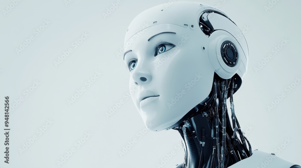 The humanoid AI robot appears contemplative, showcasing intricate facial features and detailed technology in a cutting-edge laboratory The humanoid AI robot appears contemplative, showcasing intricate facial features and detailed technology in a cutting-edge laboratory