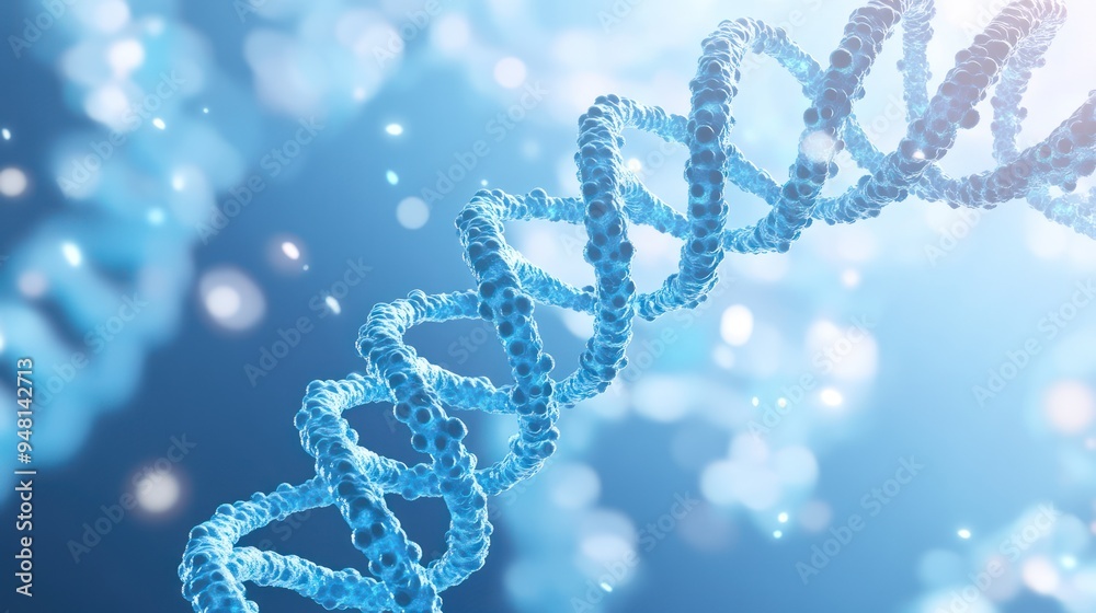 A stunning close-up of a DNA double helix, showcasing intricate blue molecular structures against a soft blue abstract background. A stunning close-up of a DNA double helix, showcasing intricate blue molecular structures against a soft blue abstract background.