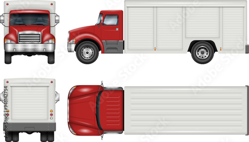 Beverage truck vector mockup on white for vehicle branding, corporate identity. View from side, front, back, top. All elements in the groups are in separate layers for easy editing and recolor.