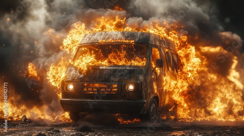 A distressed van engulfed in flames, showcasing intense fire and smoke, creating a dramatic and chaotic atmosphere.