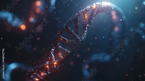 Abstract depiction of a DNA double helix with glowing particles, creating a captivating visual of genetic science.