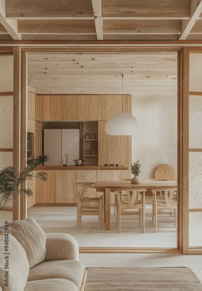 A 3D rendering of a modern room with a balcony in a Japanese style. This room is equipped with a kitchen counter and cabinets, plus a dining table and chairs. A 3D rendering of a modern room with a balcony in a Japanese style. This room is equipped with a kitchen counter and cabinets, plus a dining table and chairs.