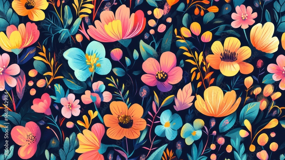 A vibrant floral pattern featuring a diverse array of colorful flowers against a dark background, radiating joy and liveliness. A vibrant floral pattern featuring a diverse array of colorful flowers against a dark background, radiating joy and liveliness.