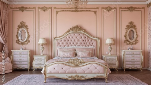 A modern bedroom interior design with vibrant pink walls and high-tech lighting. Stock photo.