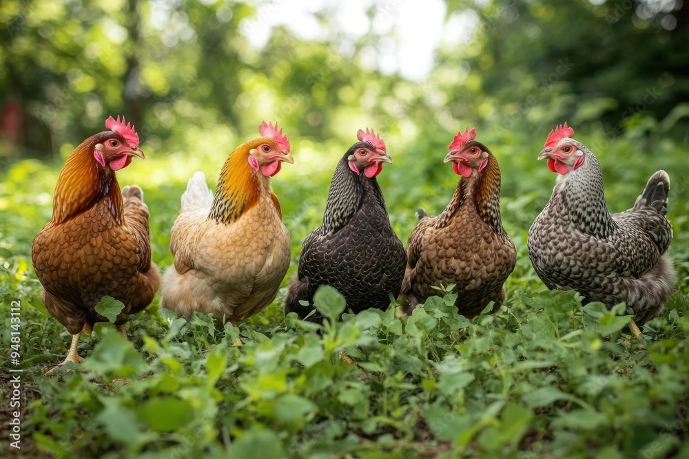Five Chickens Standing in a Row in a Lush Green Meadow Five Chickens Standing in a Row in a Lush Green Meadow
