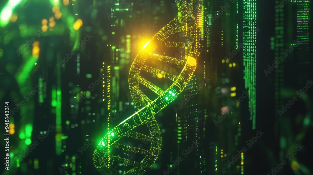 A vibrant digital representation of DNA, with bright green hues and glowing elements, embodying the intersection of science and technology.