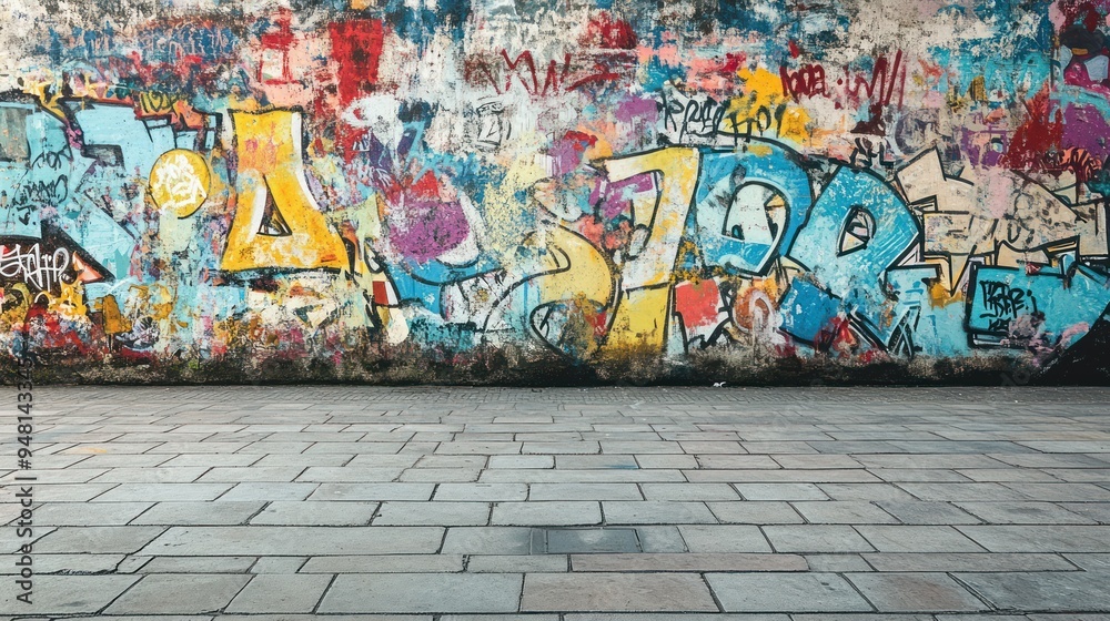 Fototapeta premium A vibrant wall covered in colorful graffiti art, reflecting urban creativity and street culture.