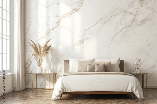 The interior design of this luxury modern bedroom features white marble carrara tiles on the walls and wood panels with LED lighting. Generative stock was used to create this design.