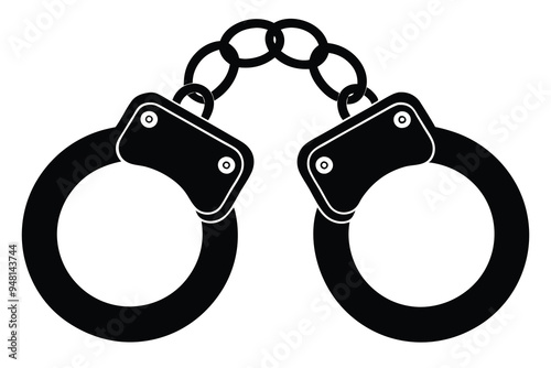 A black and white illustration of a pair of handcuffs, with a thick chain connecting the two rings