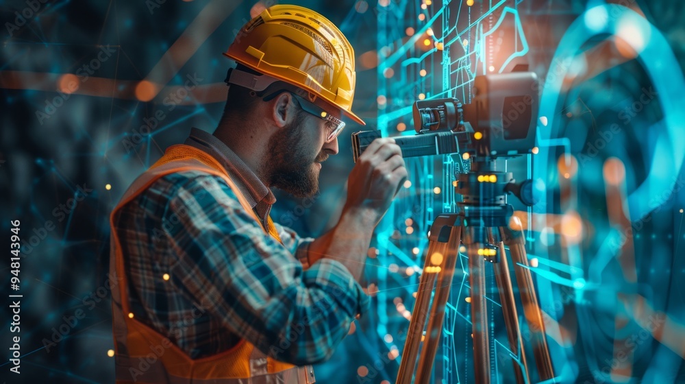 Construction surveyor using advanced technology to measure and map a site with a total station in a modern urban environment Construction surveyor using advanced technology to measure and map a site with a total station in a modern urban environment