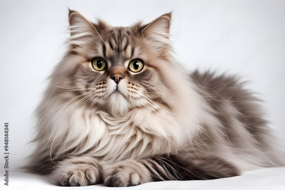 A fluffy british longhair cat with a thick coat and bright eyes lounging on a white background, Ai Generated A fluffy british longhair cat with a thick coat and bright eyes lounging on a white background, Ai Generated