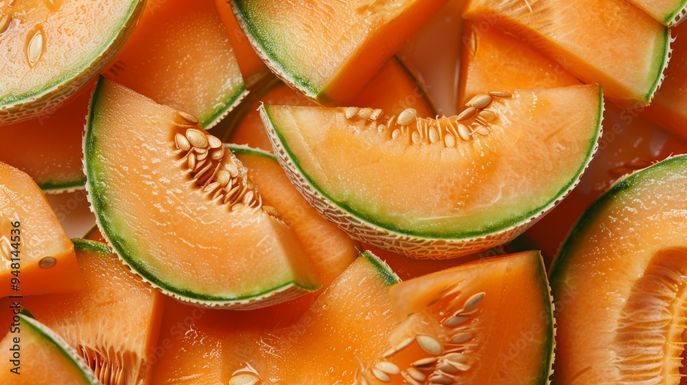 Detailed view of cantaloupe slices with visible seeds and texture, placed on a neutral background to emphasize the fruit's freshness.
