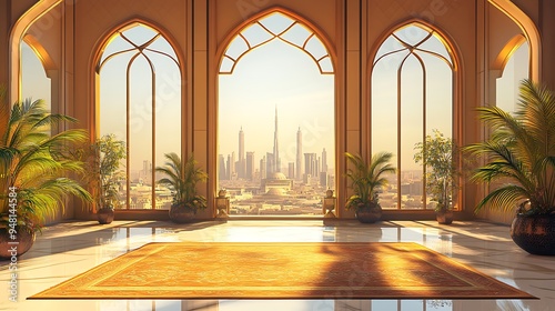 A golden rug in a room with three arched windows, looking out at a city skyline. photo