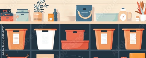 Home organization, labeled storage bins, flat design illustration