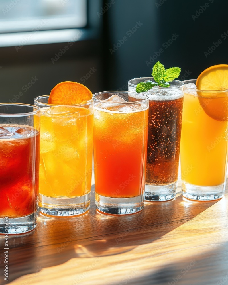 A vibrant assortment of refreshing drinks arranged on a wooden table, perfect for a summer gathering or celebration. A vibrant assortment of refreshing drinks arranged on a wooden table, perfect for a summer gathering or celebration.