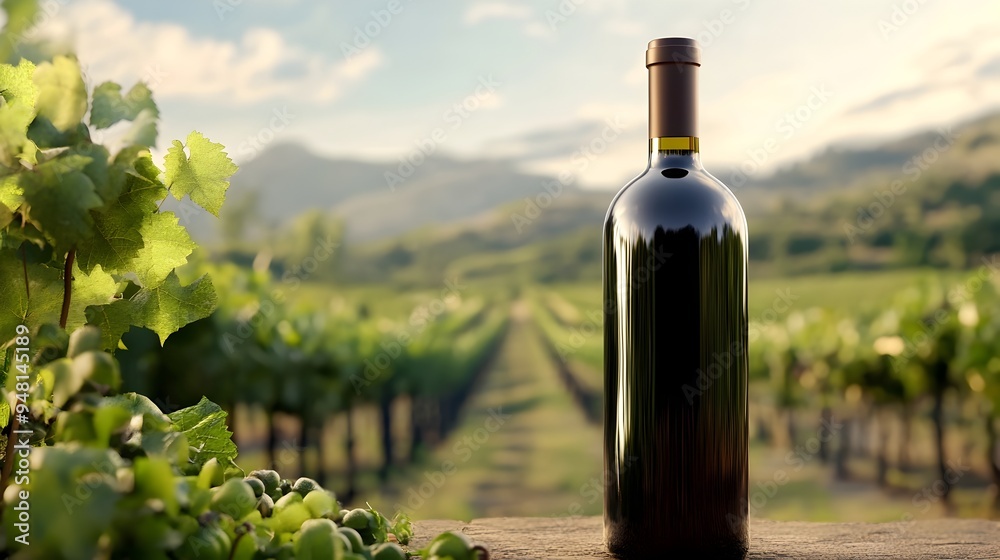 Fototapeta premium Organic Wine Bottle with Vineyard Background in 3D
