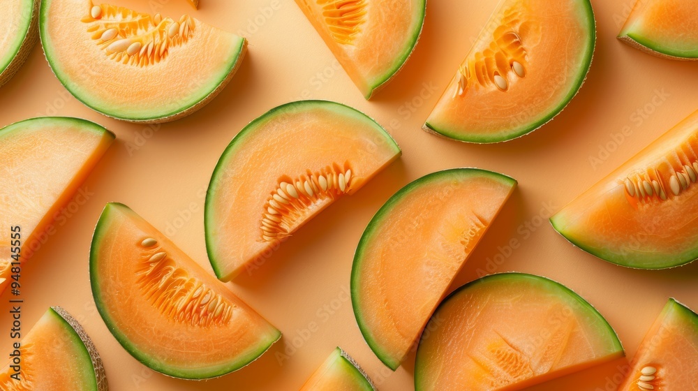 Fresh cantaloupe slices arranged in a neat pattern, showcasing their vibrant orange flesh and green rind against a subtle, clean background. Fresh cantaloupe slices arranged in a neat pattern, showcasing their vibrant orange flesh and green rind against a subtle, clean background.