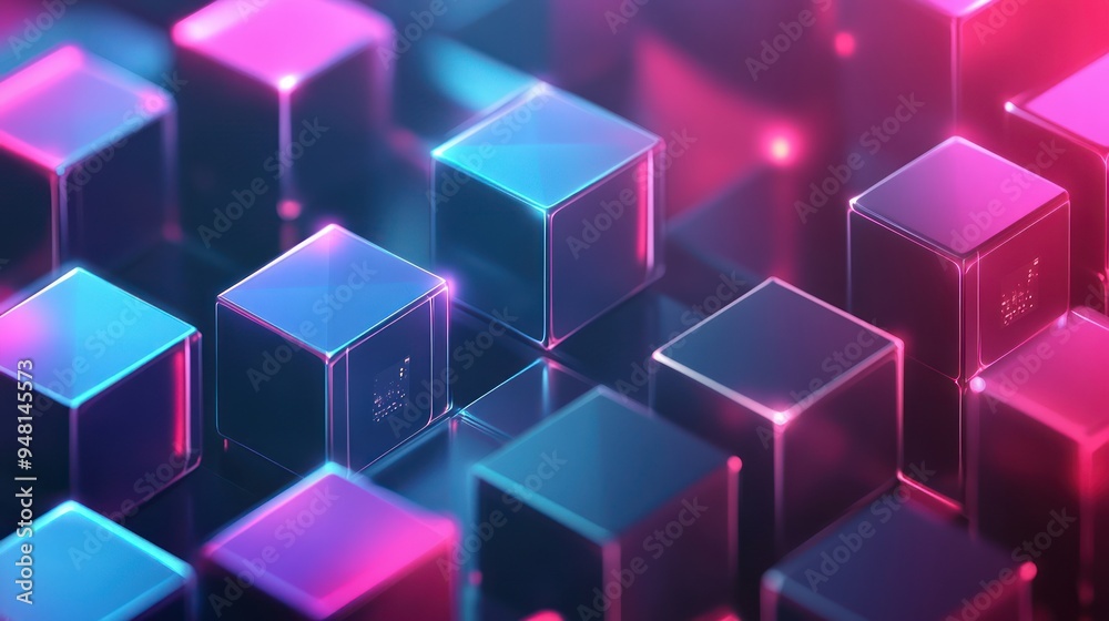 Abstract digital cubes glowing in vibrant pink and blue hues, creating a futuristic and mesmerizing atmosphere. Abstract digital cubes glowing in vibrant pink and blue hues, creating a futuristic and mesmerizing atmosphere.