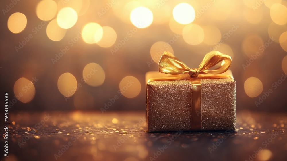 Close-up of a small gift box with a golden ribbon, placed on a festive background with soft bokeh lights in the distance. Close-up of a small gift box with a golden ribbon, placed on a festive background with soft bokeh lights in the distance.