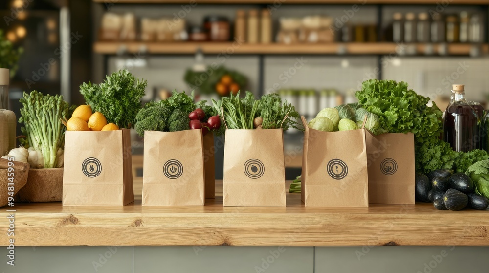 Eco-friendly paper bags with minimalist branding, displayed on a wooden counter with fresh produce inside, showcasing sustainable packaging design. Eco-friendly paper bags with minimalist branding, displayed on a wooden counter with fresh produce inside, showcasing sustainable packaging design.