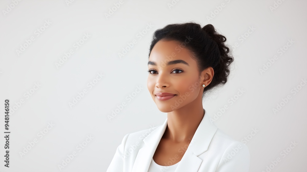Portrait of a young African-American woman with curly hair styled up, wearing a white blazer. She is smiling confidently against a light, minimalist background. Portrait of a young African-American woman with curly hair styled up, wearing a white blazer. She is smiling confidently against a light, minimalist background.