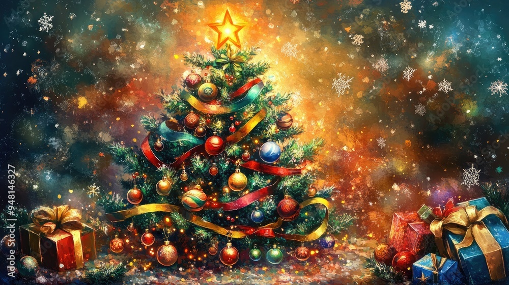 Elegant Christmas scene featuring a richly decorated tree with colorful ornaments, ribbons, and a glowing star, set against a warm, holiday-themed background. Elegant Christmas scene featuring a richly decorated tree with colorful ornaments, ribbons, and a glowing star, set against a warm, holiday-themed background.