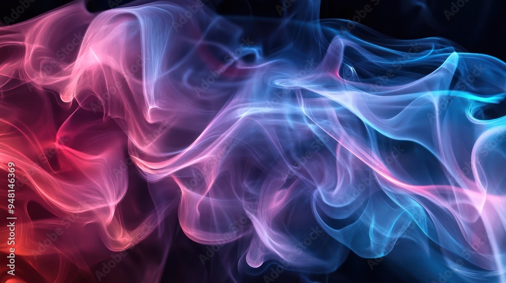 Fototapeta premium A mesmerizing swirl of colorful smoke waves, blending vibrant shades of pink, blue, and purple against a dark background.