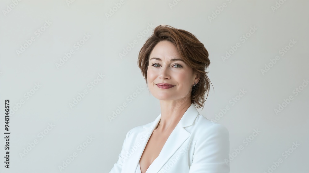 Portrait of a confident middle-aged woman with short brown hair, smiling warmly while wearing a white blazer. The background is neutral and minimalistic. Portrait of a confident middle-aged woman with short brown hair, smiling warmly while wearing a white blazer. The background is neutral and minimalistic.
