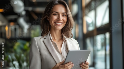 Portrait of happy businesswoman with touchpad in office looking at camera.