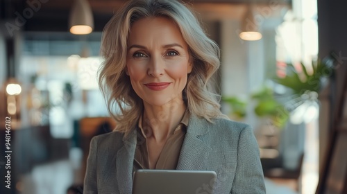 Portrait of happy businesswoman with touchpad in office looking at camera.