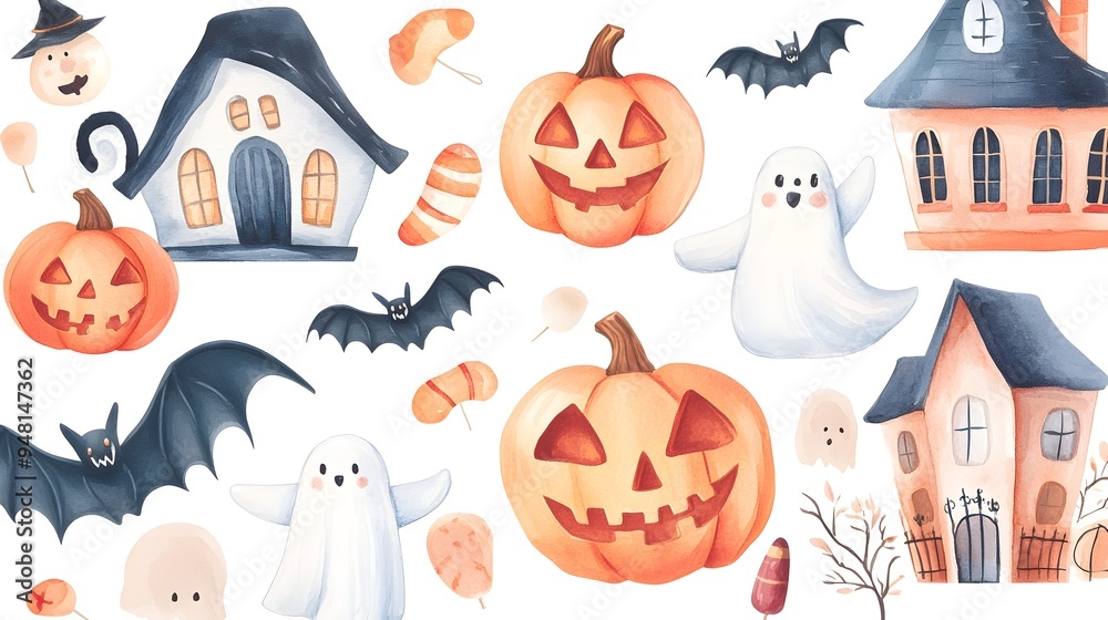 Watercolor Halloween Clipart with Pumpkins Ghosts Witches and Haunted Houses Watercolor Halloween Clipart with Pumpkins Ghosts Witches and Haunted Houses