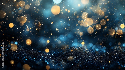 Blackground of abstract glitter lights. blue gold and black. de focused. banner.