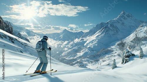 Skier in mountains prepared piste and sunny day.