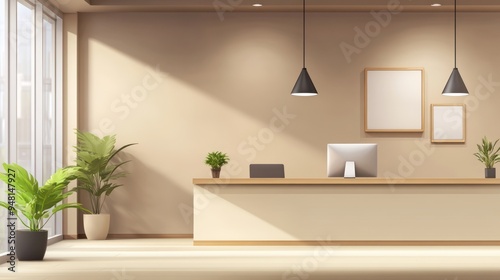Modern reception area featuring a wooden desk, plants, and minimalistic decor in soft beige tones.