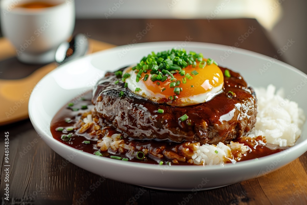 Delicious juicy hamburger steak topped with a perfectly cooked egg and chives served on a bed of rice at a cozy eatery Delicious juicy hamburger steak topped with a perfectly cooked egg and chives served on a bed of rice at a cozy eatery