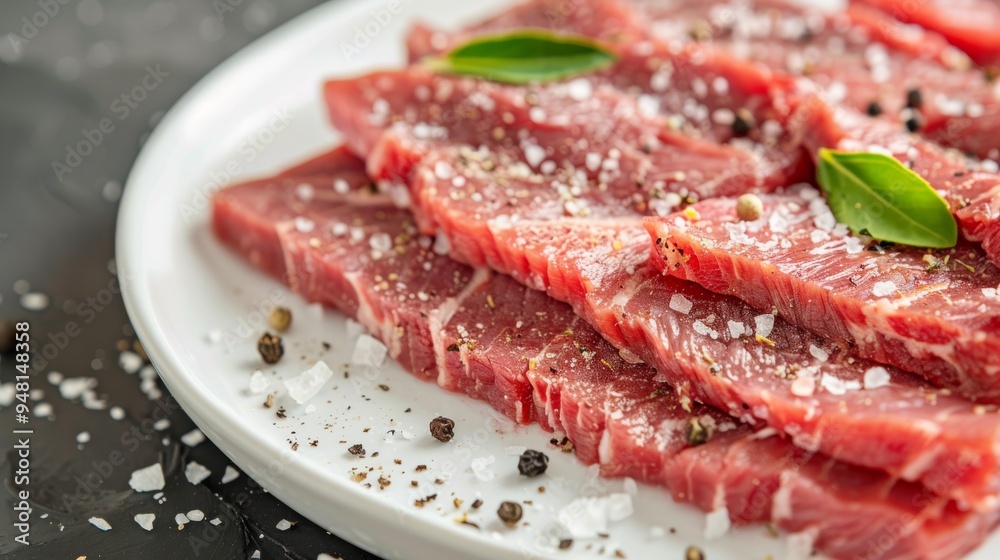 Freshly cut beef slices arranged neatly on a white plate, with a sprinkle of coarse salt and a hint of black pepper. Freshly cut beef slices arranged neatly on a white plate, with a sprinkle of coarse salt and a hint of black pepper.