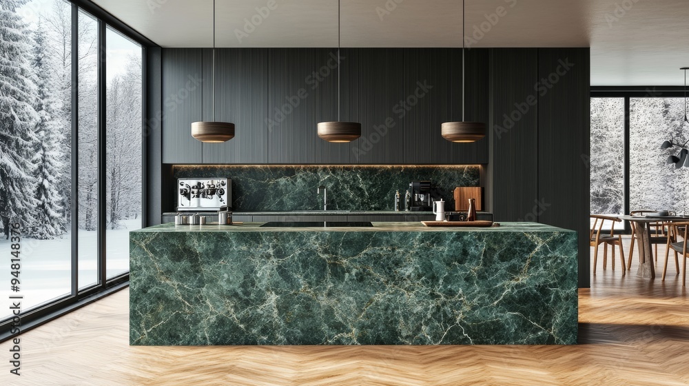 Design of a minimalist wood and dark green kitchen with an island and a ...
