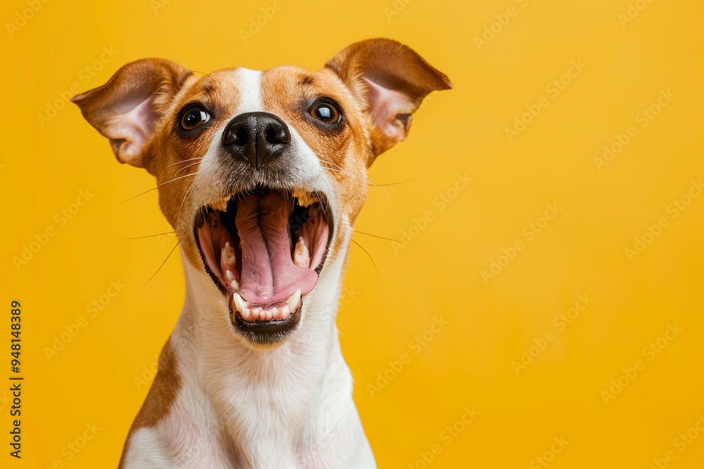 Playful Dog with Open Mouth and Yellow Background Playful Dog with Open Mouth and Yellow Background