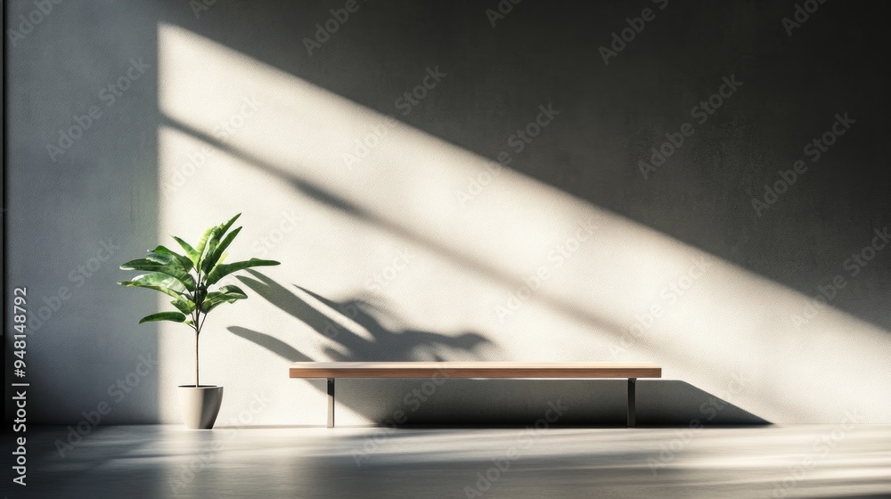 Minimalist Interior Design with a Wooden Bench and Sunlight Minimalist Interior Design with a Wooden Bench and Sunlight