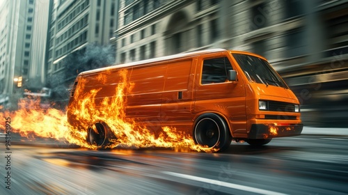 An intense action shot of an orange van speeding through the city streets, surrounded by flames, capturing a thrilling moment. photo