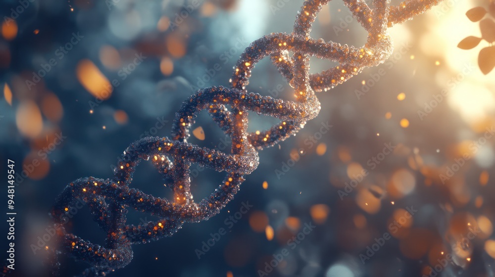 Close-up of a shimmering DNA strand illuminated by soft light, creating a magical atmosphere with vibrant colors and a dreamy background. Close-up of a shimmering DNA strand illuminated by soft light, creating a magical atmosphere with vibrant colors and a dreamy background.
