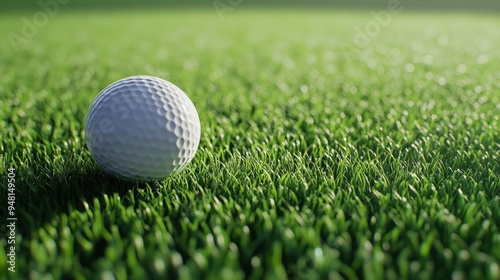 A close-up of a white golf ball resting on lush green grass, capturing the tranquility of a golf course setting.