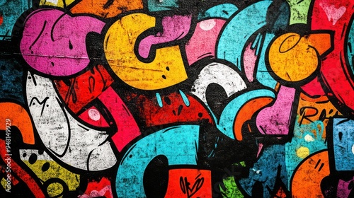 Wallpaper Mural Vibrant, colorful graffiti art showcasing dynamic shapes and bold patterns on a textured wall. Torontodigital.ca