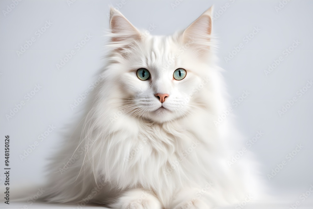A fluffy turkish angora cat with long white fur and odd colored eyes sitting gracefully on a white, AI Generated A fluffy turkish angora cat with long white fur and odd colored eyes sitting gracefully on a white, AI Generated