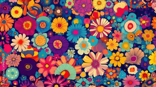 A vibrant tapestry of colorful flowers in various shapes and sizes, creating a joyful and lively atmosphere.