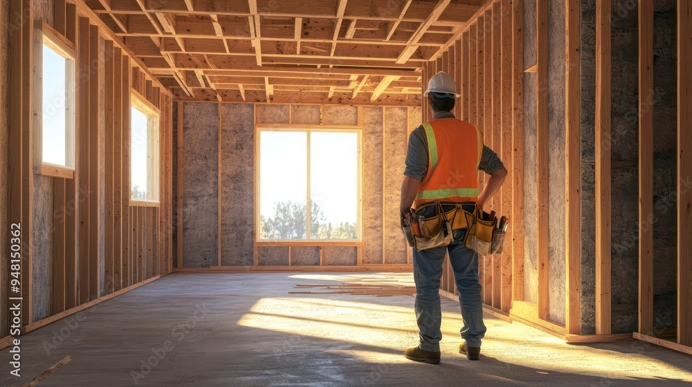 A male construction worker in an orange vest stands in a newly framed room, contemplating the project ahead. A male construction worker in an orange vest stands in a newly framed room, contemplating the project ahead.