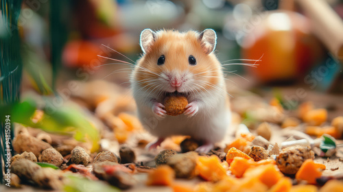 A hamster is eating food on the ground photo