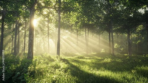 Sun rays shining through the trees in the forrest.