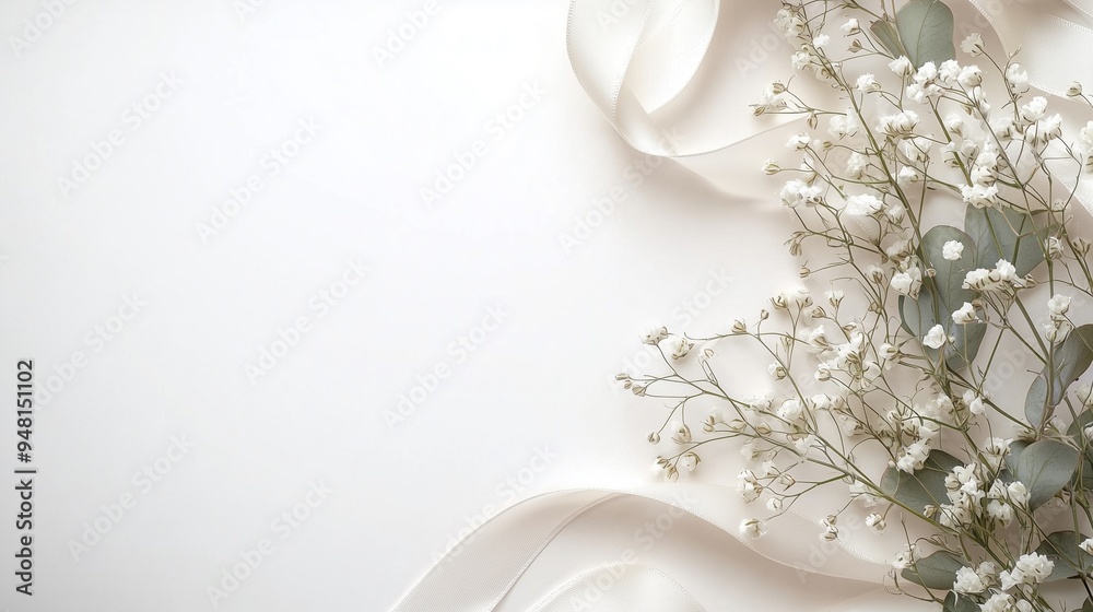 Obraz premium Styled stock photo. feminine wedding desktop mockup with baby's breath gypsophila flowers dry green eucalyptus leaves satin ribbon and white background. empty space. top view. picture for blog.