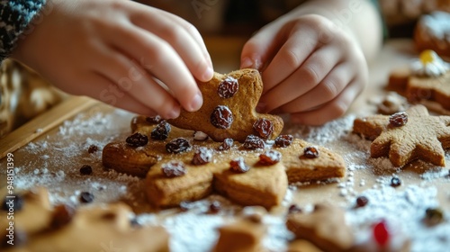 Hand of child working on raisin and genger bread cookie